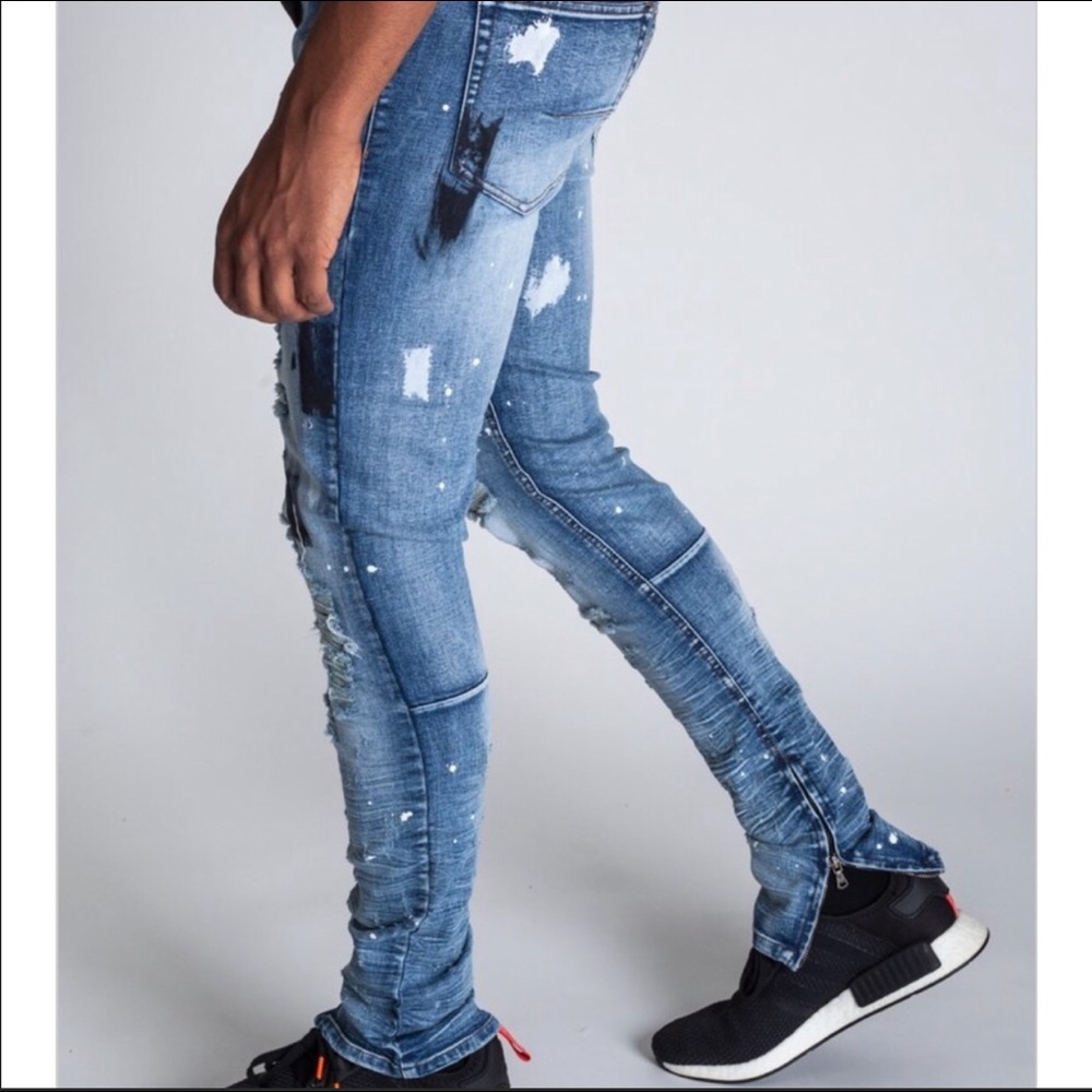 PAINTED DISTRESSED ANKLE ZIP JEANS